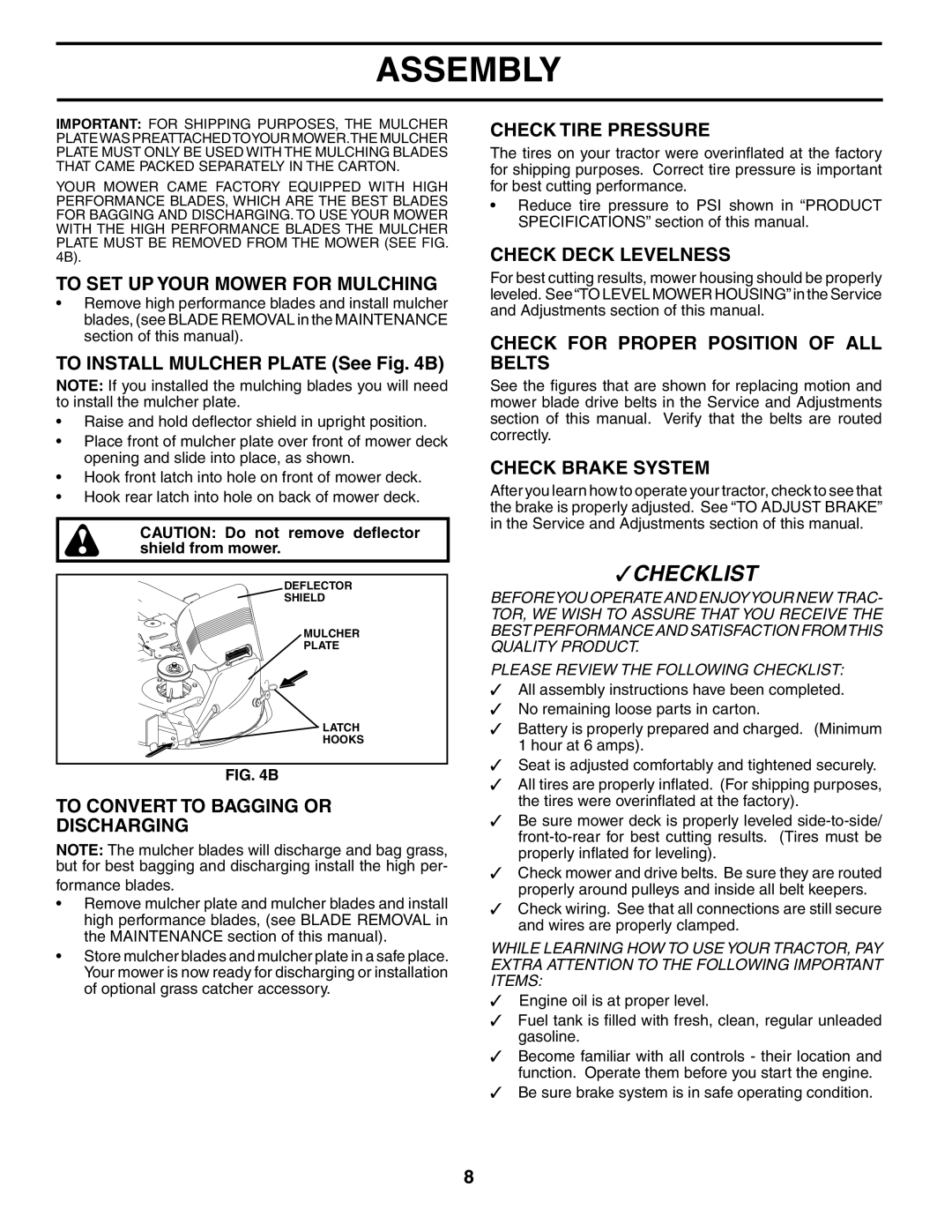 Poulan PDB1842STA owner manual To SET UP Your Mower for Mulching, To Convert to Bagging or Discharging, Check Tire Pressure 