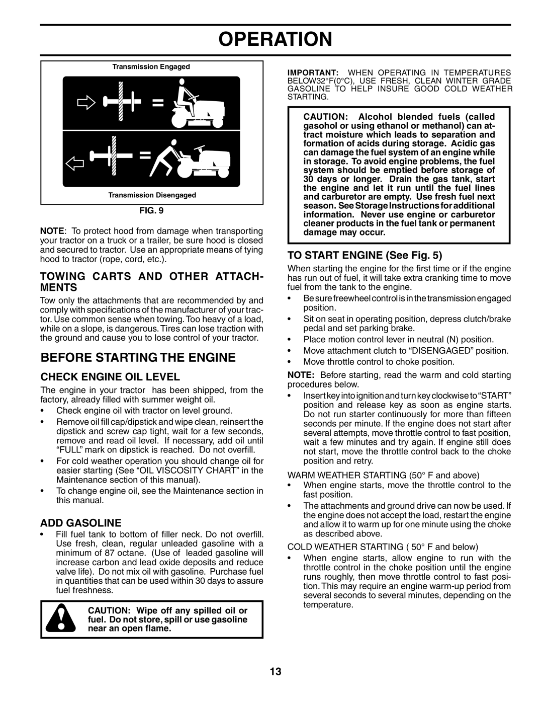 Poulan PDB18H42STA Before Starting the Engine, Towing Carts and Other ATTACH- Ments, Check Engine OIL Level, ADD Gasoline 