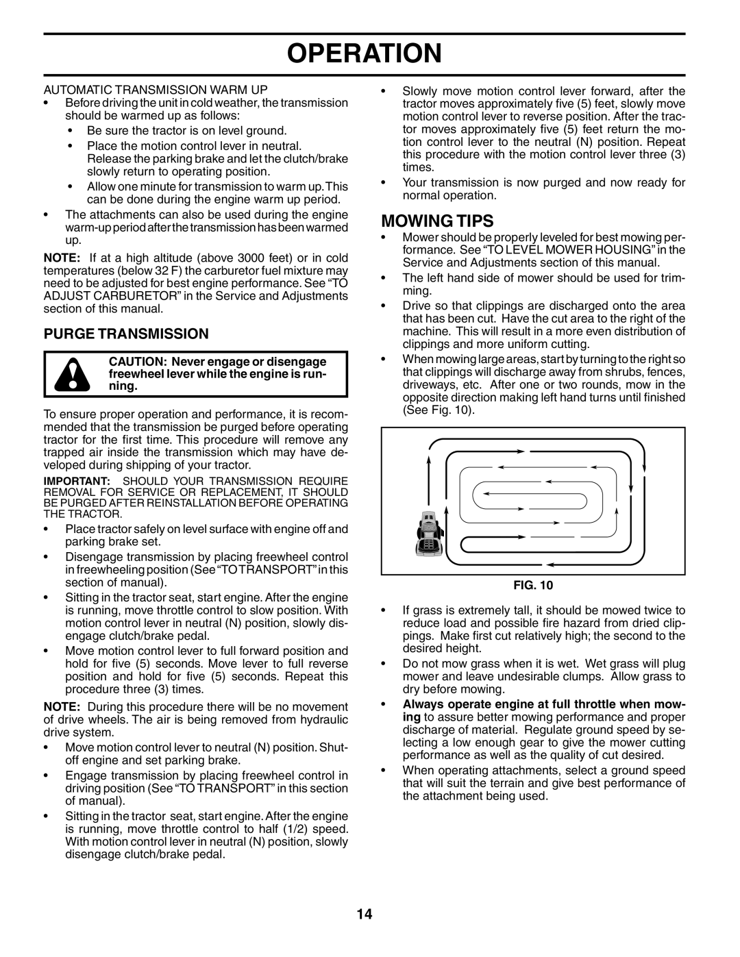 Poulan PDB18H42STA owner manual Mowing Tips, Purge Transmission, Automatic Transmission Warm UP 