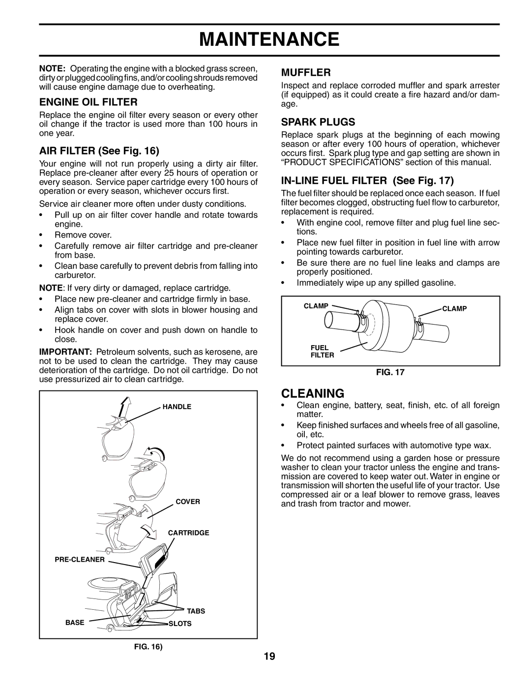 Poulan PDB18H42STA owner manual Cleaning, Engine OIL Filter, Muffler, Spark Plugs 