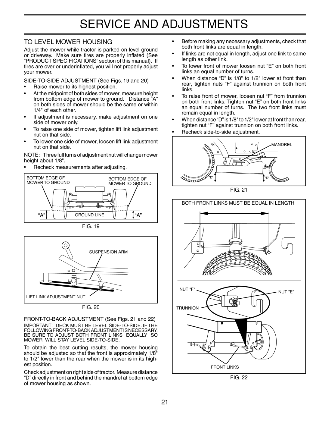 Poulan PDB18H42STA owner manual To Level Mower Housing, FRONT-TO-BACK Adjustment See Figs 