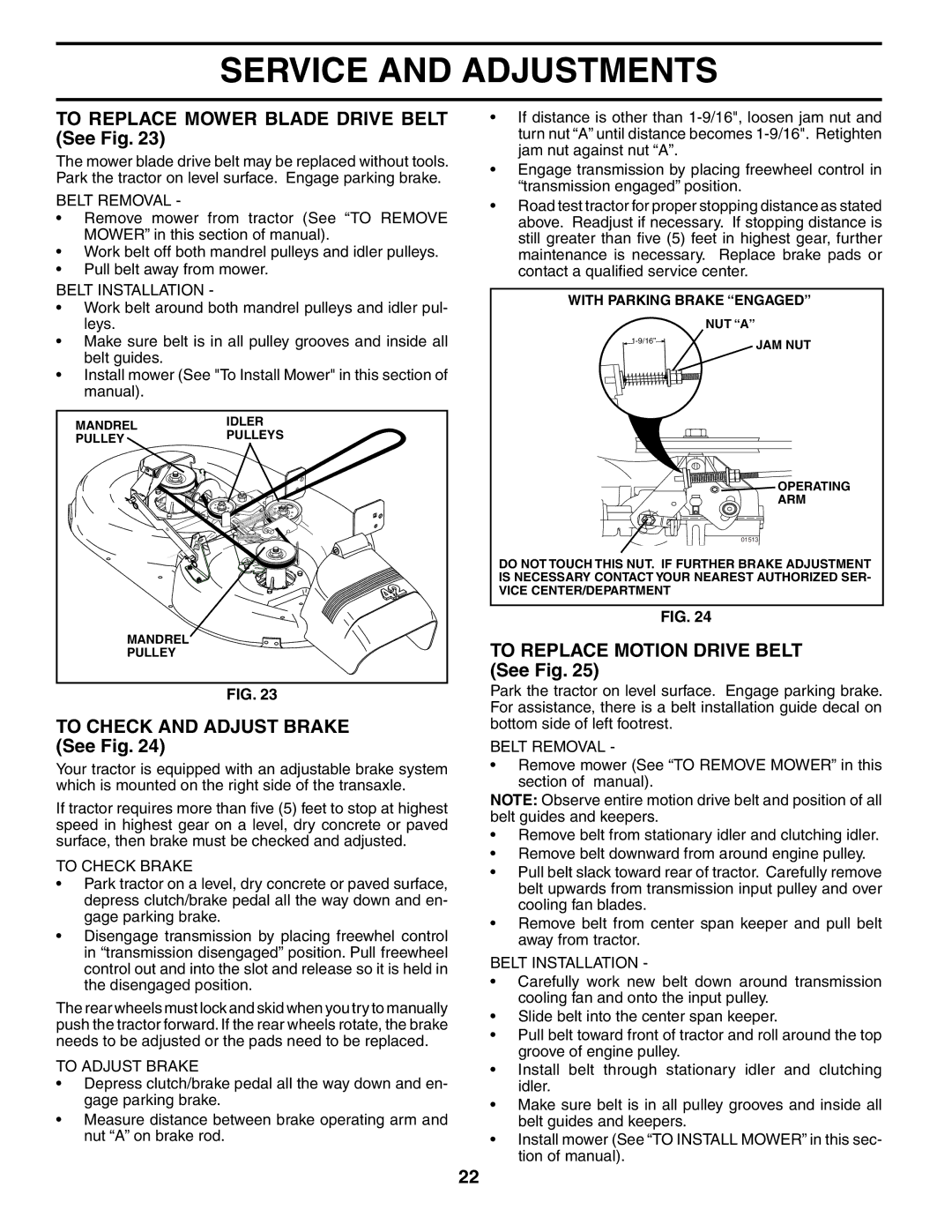 Poulan PDB18H42STA owner manual To Replace Mower Blade Drive Belt See Fig, To Check and Adjust Brake See Fig 