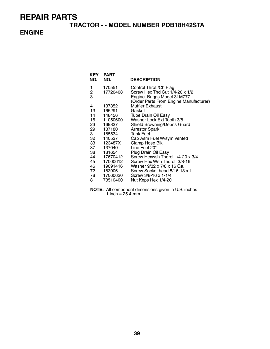 Poulan PDB18H42STA owner manual KEY Part NO. NO. Description 