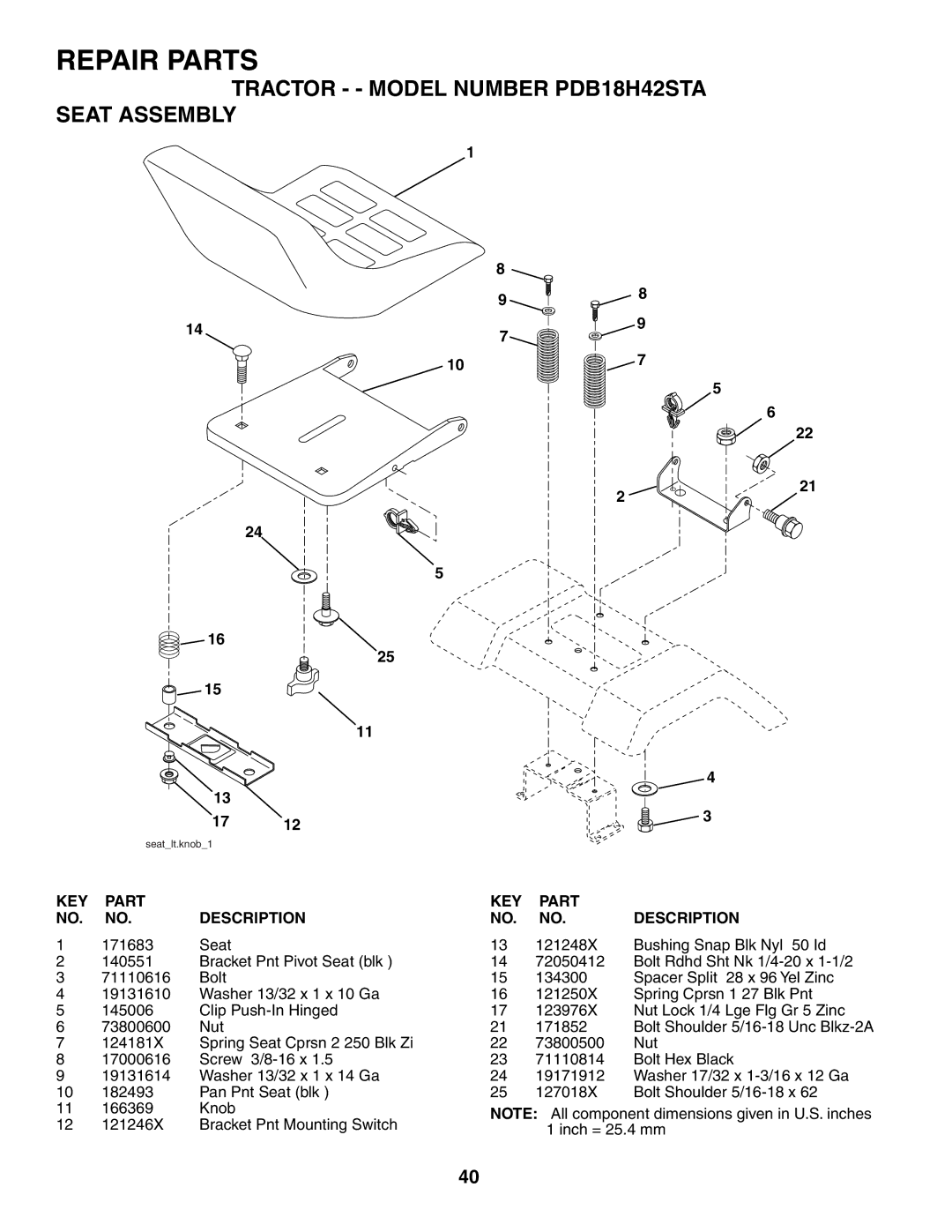 Poulan owner manual Tractor - Model Number PDB18H42STA Seat Assembly 