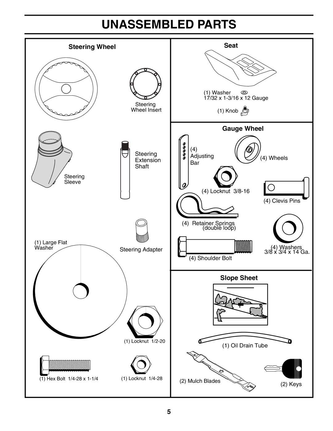 Poulan PDB18H42STA owner manual Unassembled Parts, Steering Wheel Seat, Gauge Wheel, Slope Sheet 