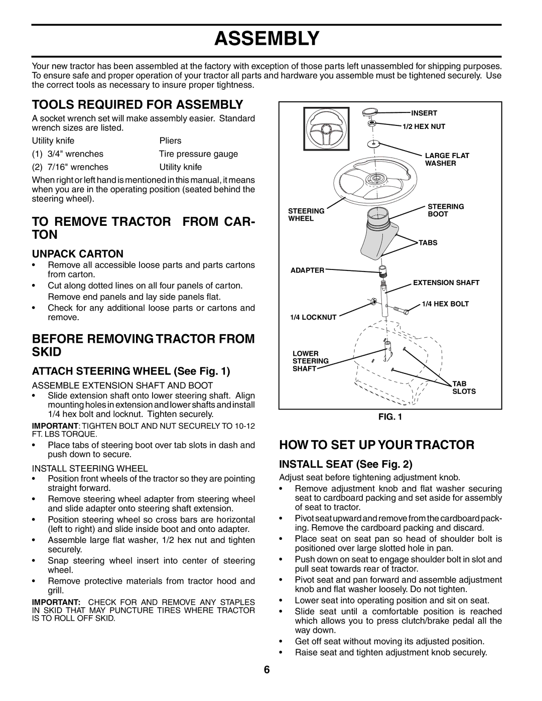 Poulan PDB18H42STA Tools Required for Assembly, To Remove Tractor from CAR- TON, Before Removing Tractor from Skid 