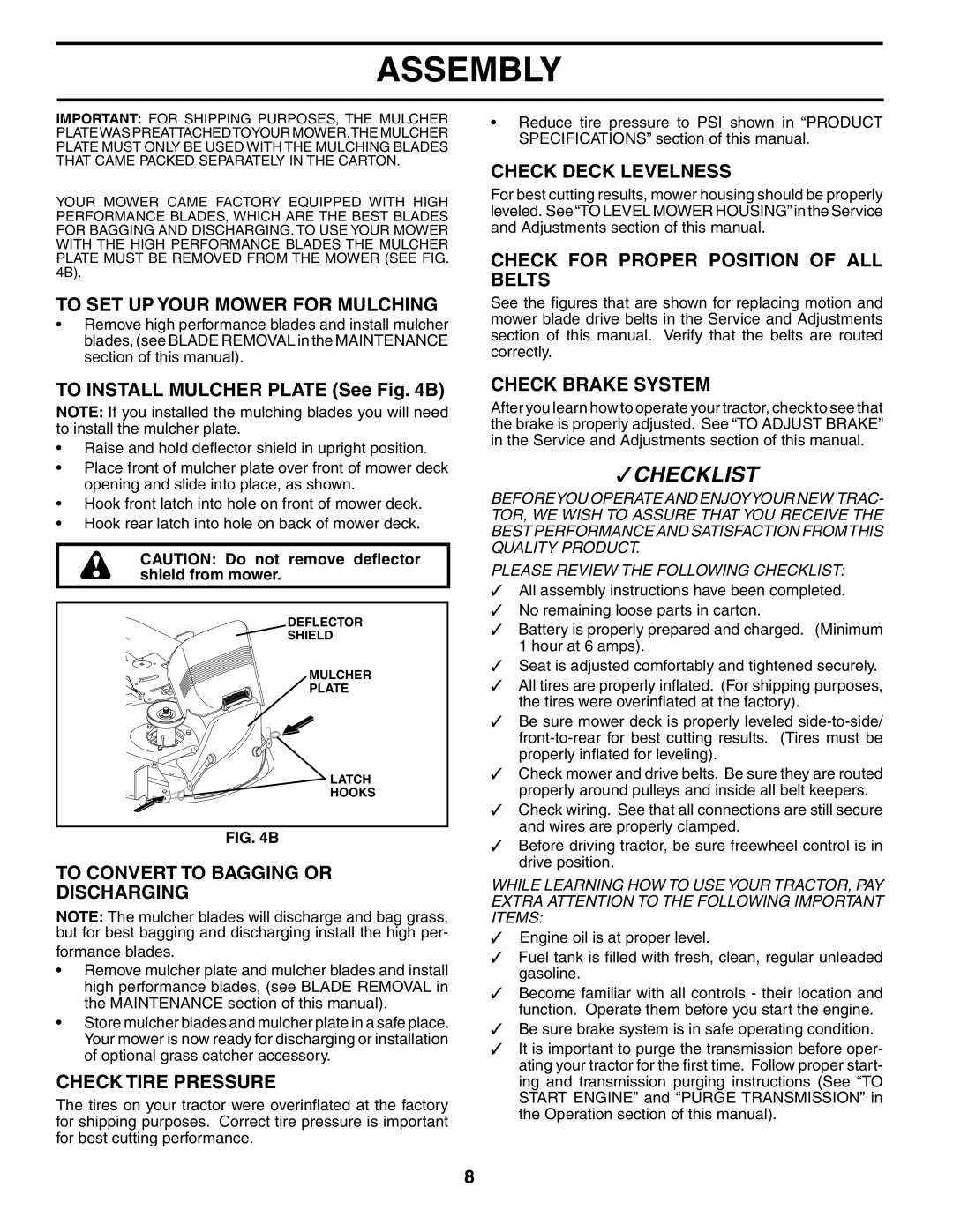 Poulan PDB18H42STA To SET UP Your Mower for Mulching, To Convert to Bagging or Discharging, Check Tire Pressure 