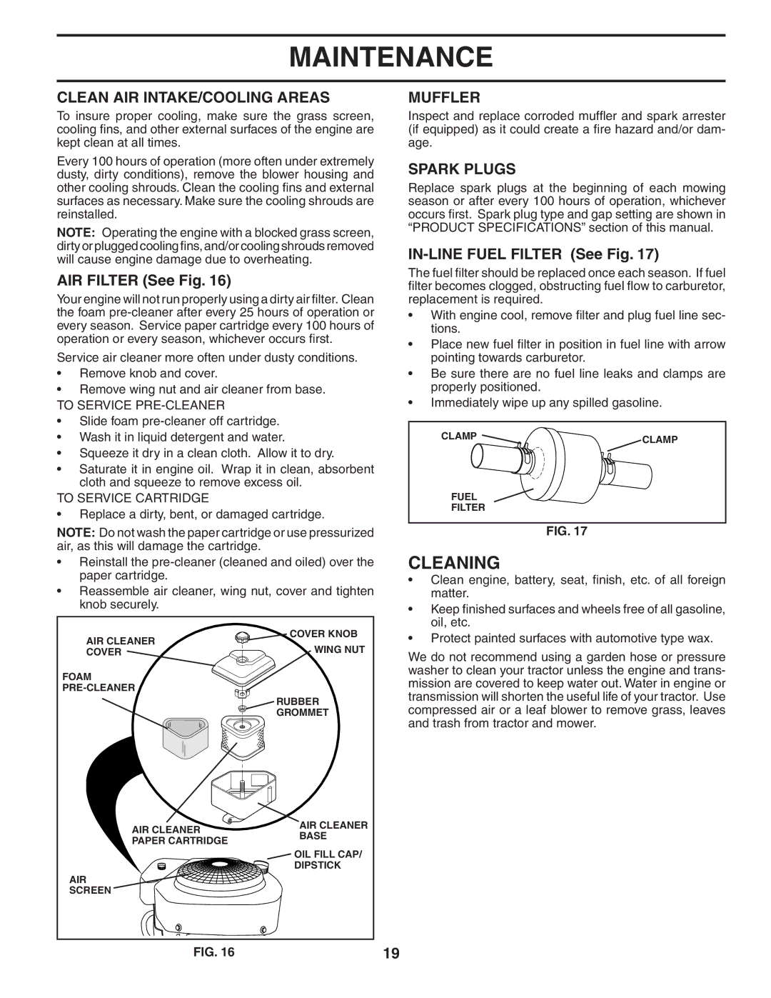 Poulan PDC18H42STA owner manual Cleaning, Clean AIR INTAKE/COOLING Areas, Muffler, Spark Plugs 