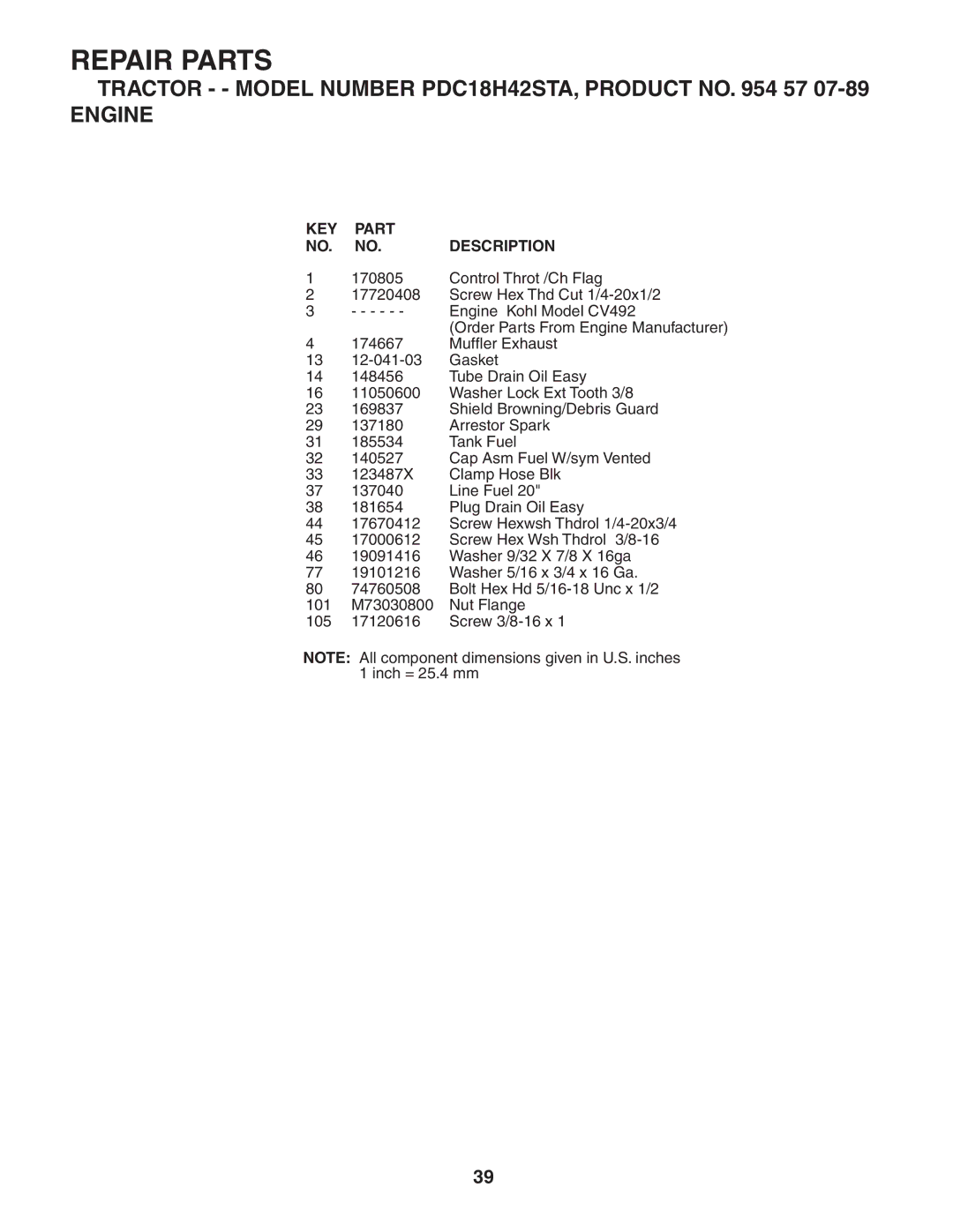 Poulan PDC18H42STA owner manual KEY Part NO. NO. Description 