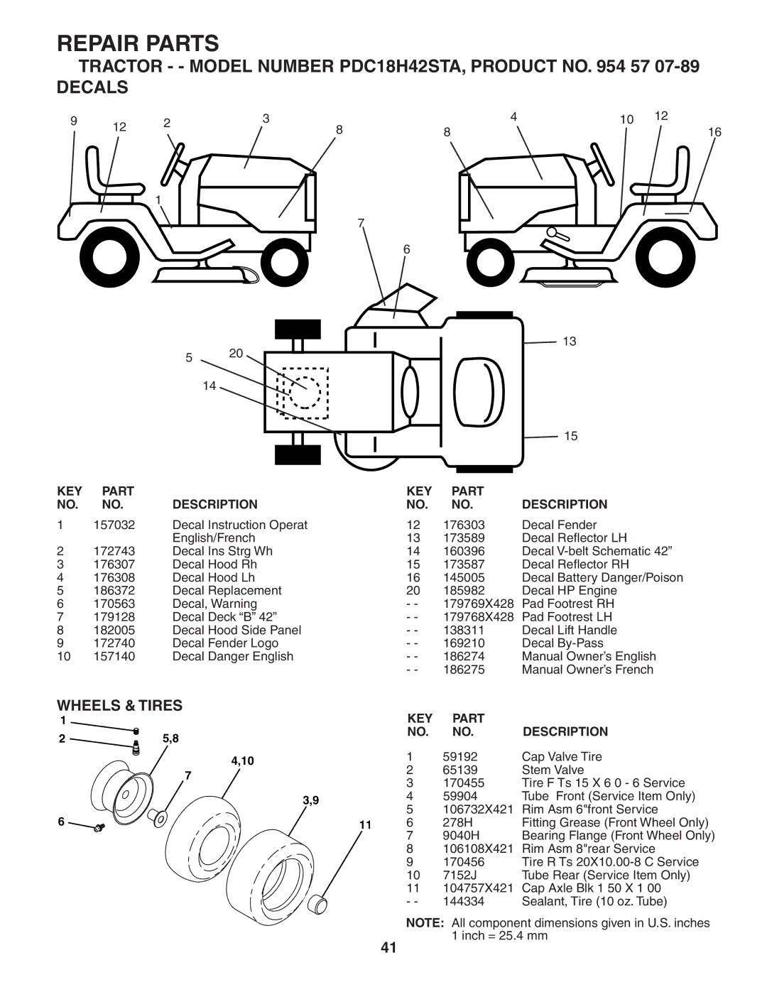 Poulan owner manual Tractor - Model Number PDC18H42STA, Product no 57 Decals, Wheels & Tires 