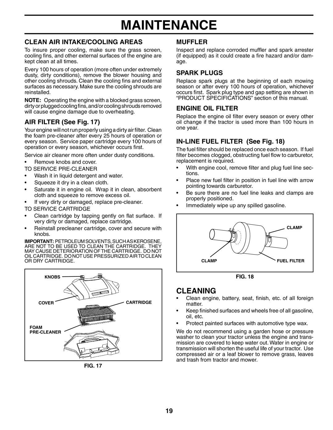 Poulan PDGT26H48A owner manual Cleaning, Clean AIR INTAKE/COOLING Areas, Muffler, Spark Plugs, Engine OIL Filter 