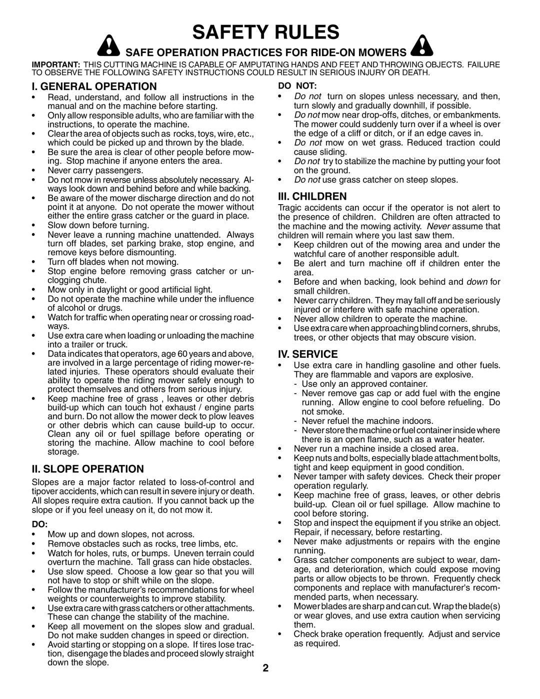 Poulan PDGT26H48A Safe Operation Practices for RIDE-ON Mowers, General Operation, II. Slope Operation, III. Children 