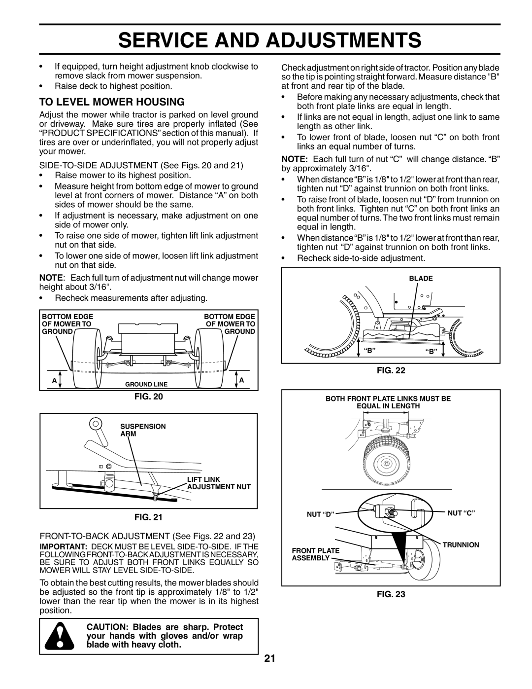 Poulan PDGT26H48A owner manual To Level Mower Housing, FRONT-TO-BACK Adjustment See Figs 