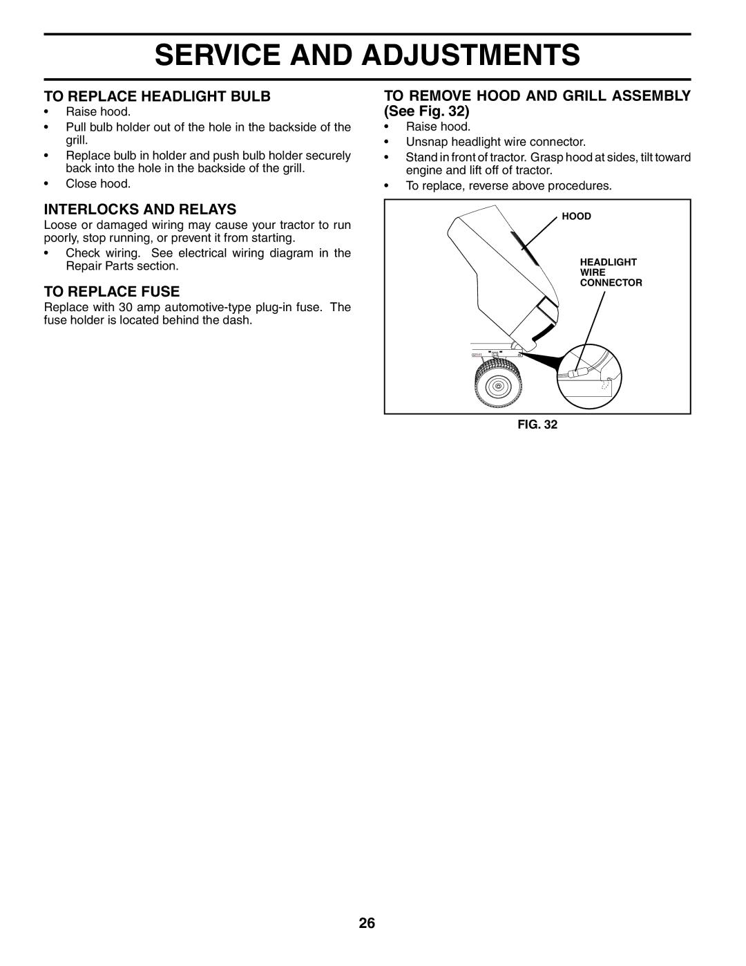 Poulan PDGT26H48A owner manual To Replace Headlight Bulb, Interlocks and Relays, To Replace Fuse 