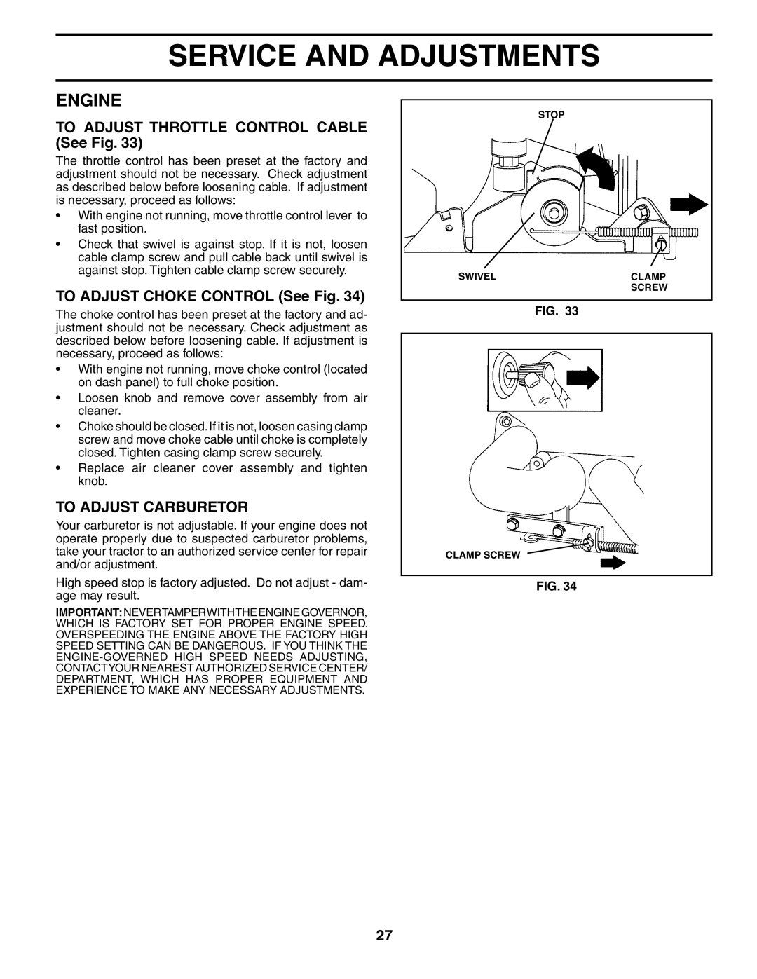 Poulan PDGT26H48A To Adjust Throttle Control Cable See Fig, To Adjust Choke Control See Fig, To Adjust Carburetor 