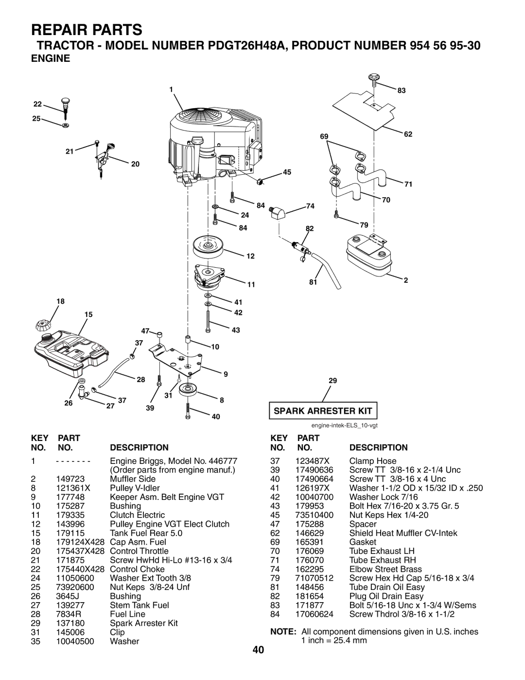 Poulan PDGT26H48A owner manual Engine, Spark Arrester KIT 