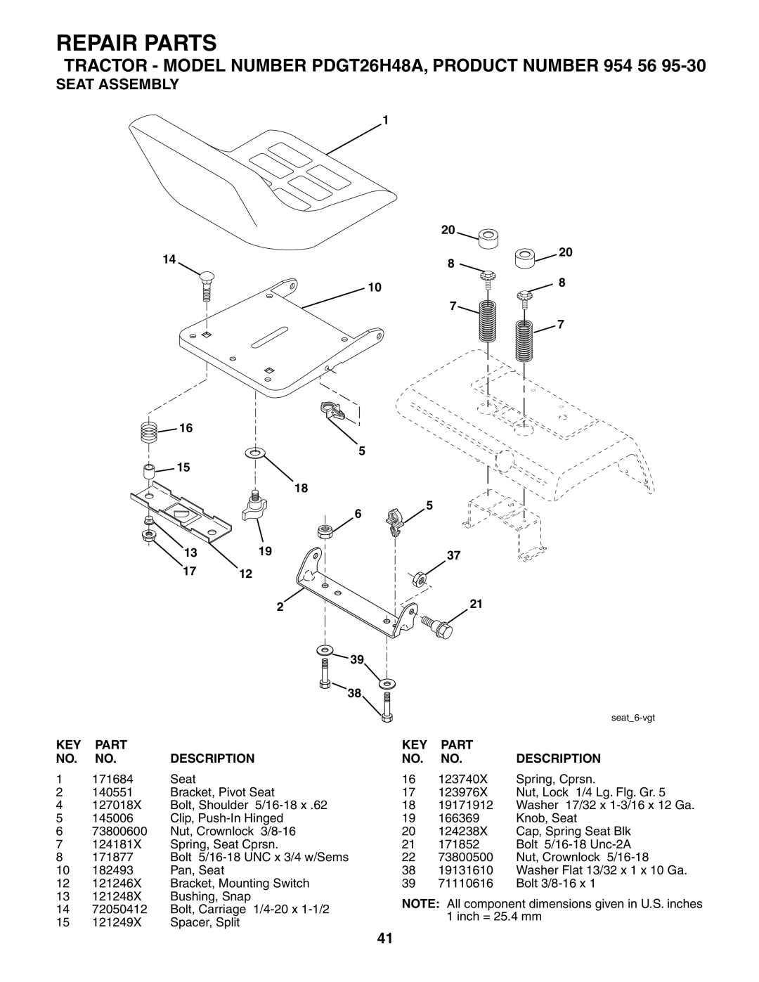 Poulan PDGT26H48A owner manual Seat Assembly 