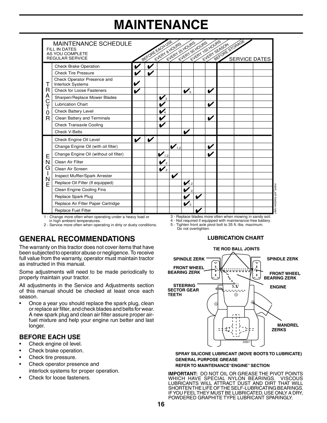 Poulan PDGT26H48B owner manual Maintenance, General Recommendations, Before Each USE 