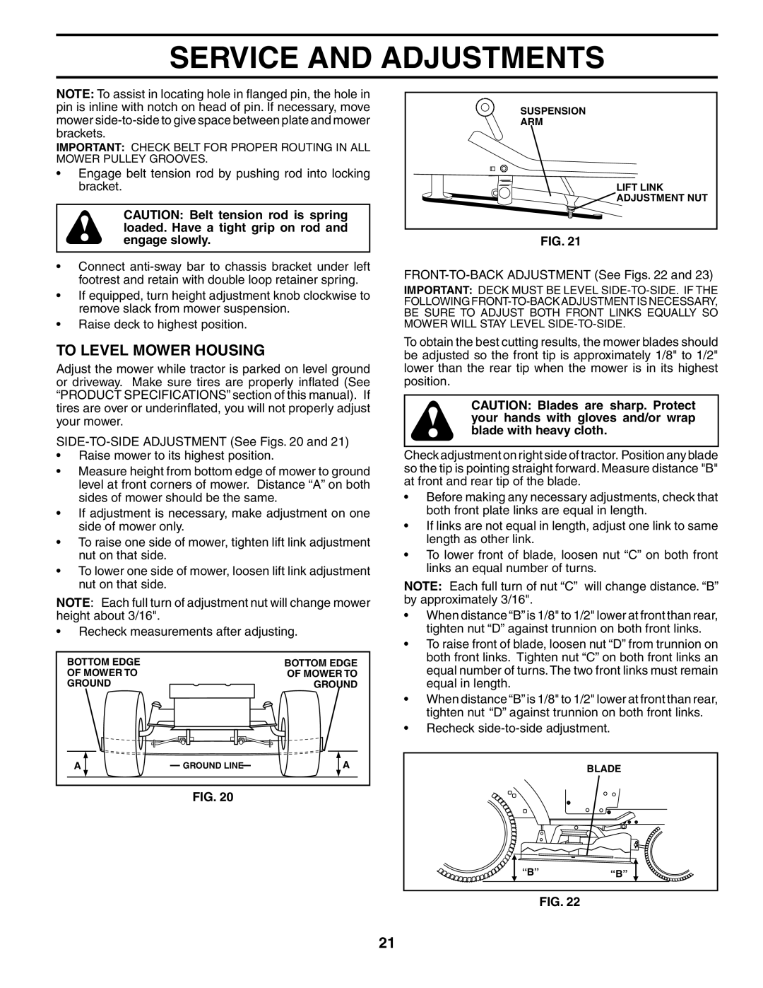 Poulan PDGT26H48B owner manual To Level Mower Housing, FRONT-TO-BACK Adjustment See Figs 