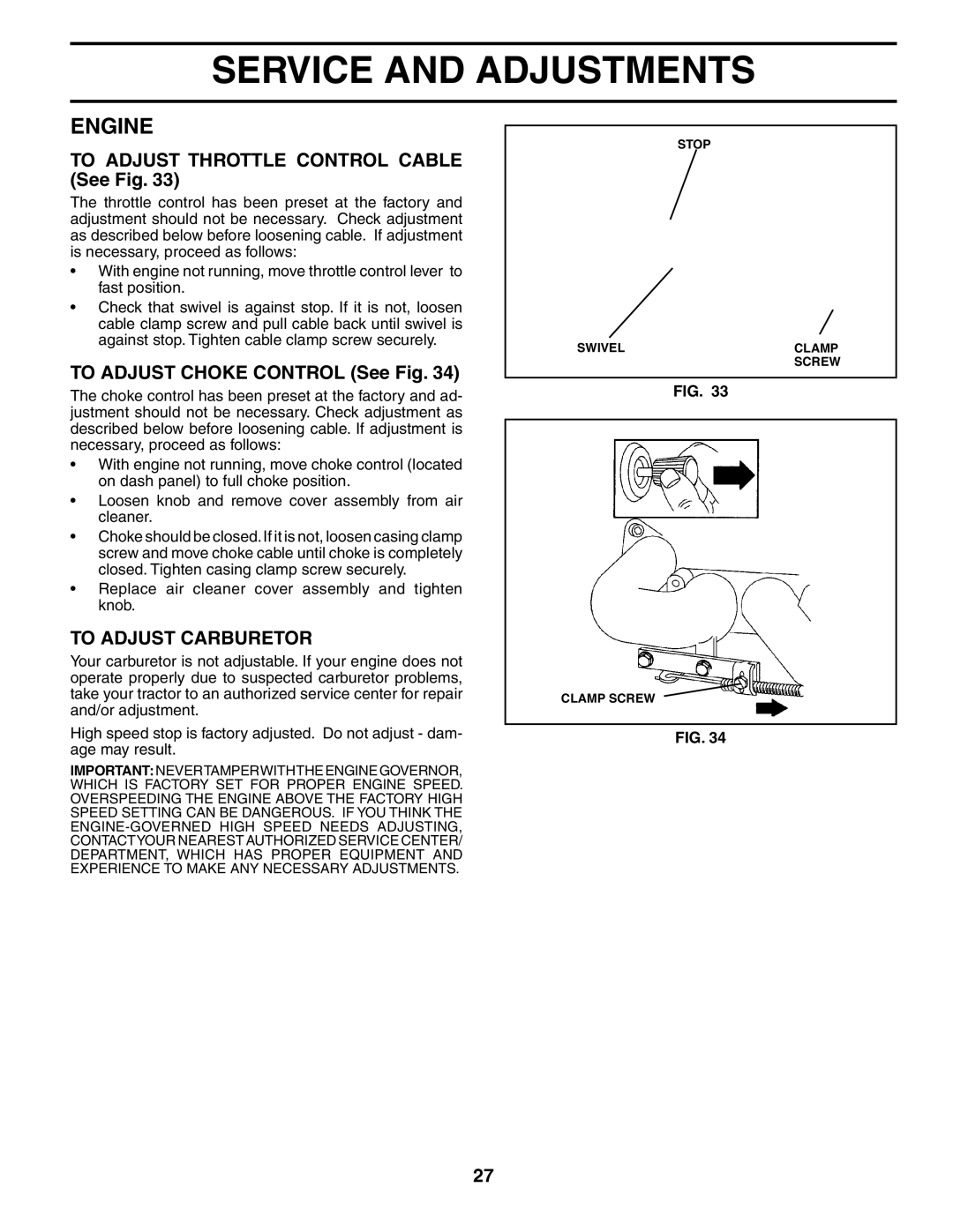 Poulan PDGT26H48B To Adjust Throttle Control Cable See Fig, To Adjust Choke Control See Fig, To Adjust Carburetor 