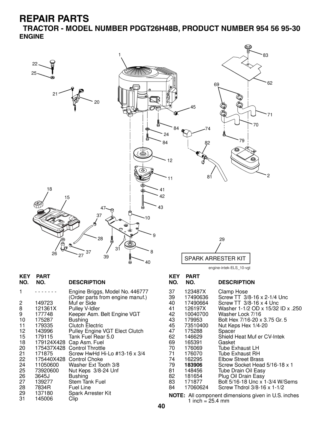 Poulan PDGT26H48B owner manual Engine, Spark Arrester KIT 