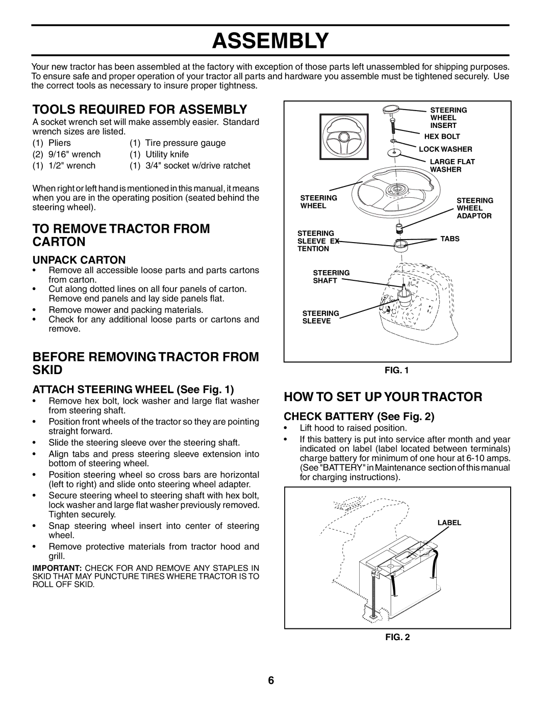 Poulan PDGT26H48B Tools Required for Assembly, To Remove Tractor from Carton, Before Removing Tractor from Skid 