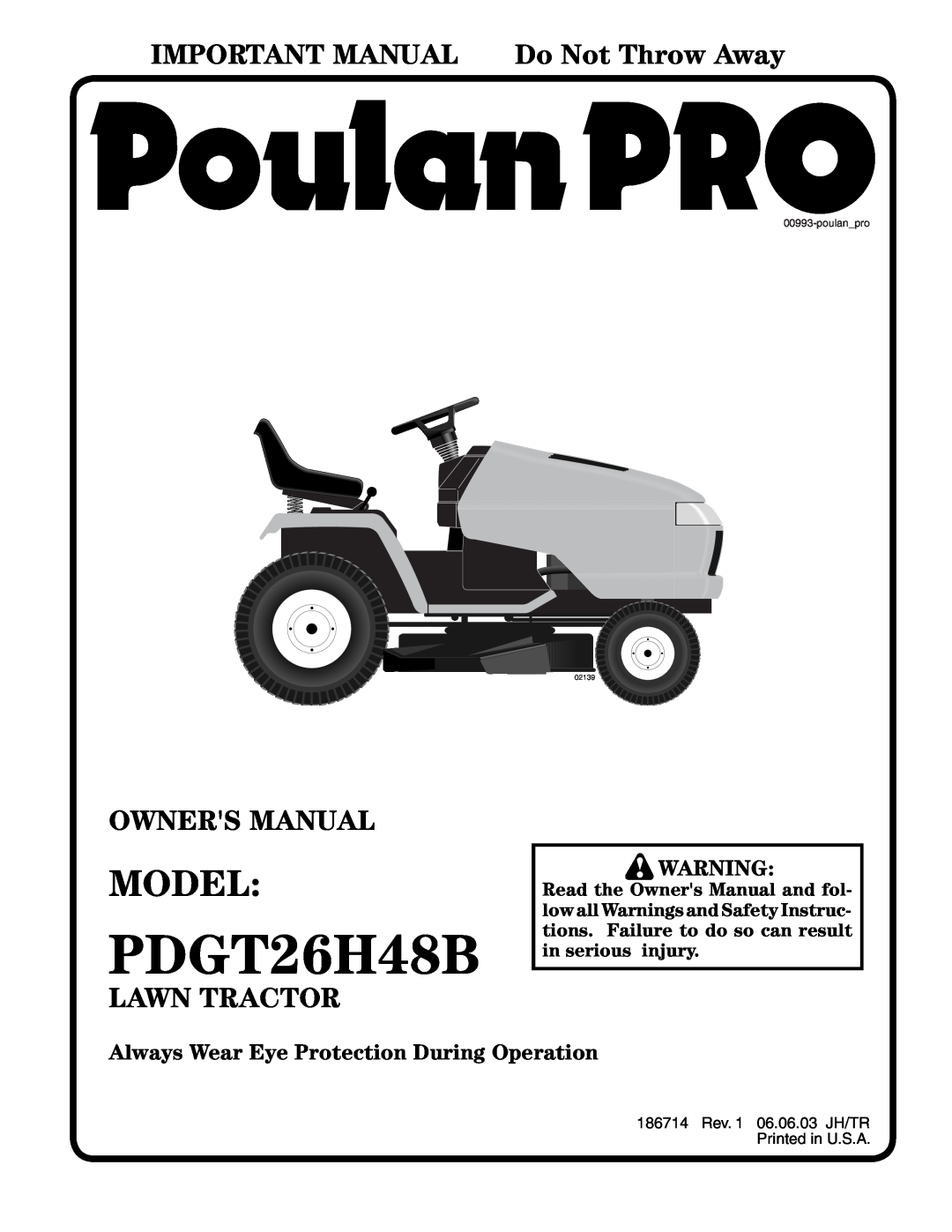 Poulan PDGT26H48B owner manual Model, IMPORTANT MANUAL Do Not Throw Away, Lawn Tractor, 02139 
