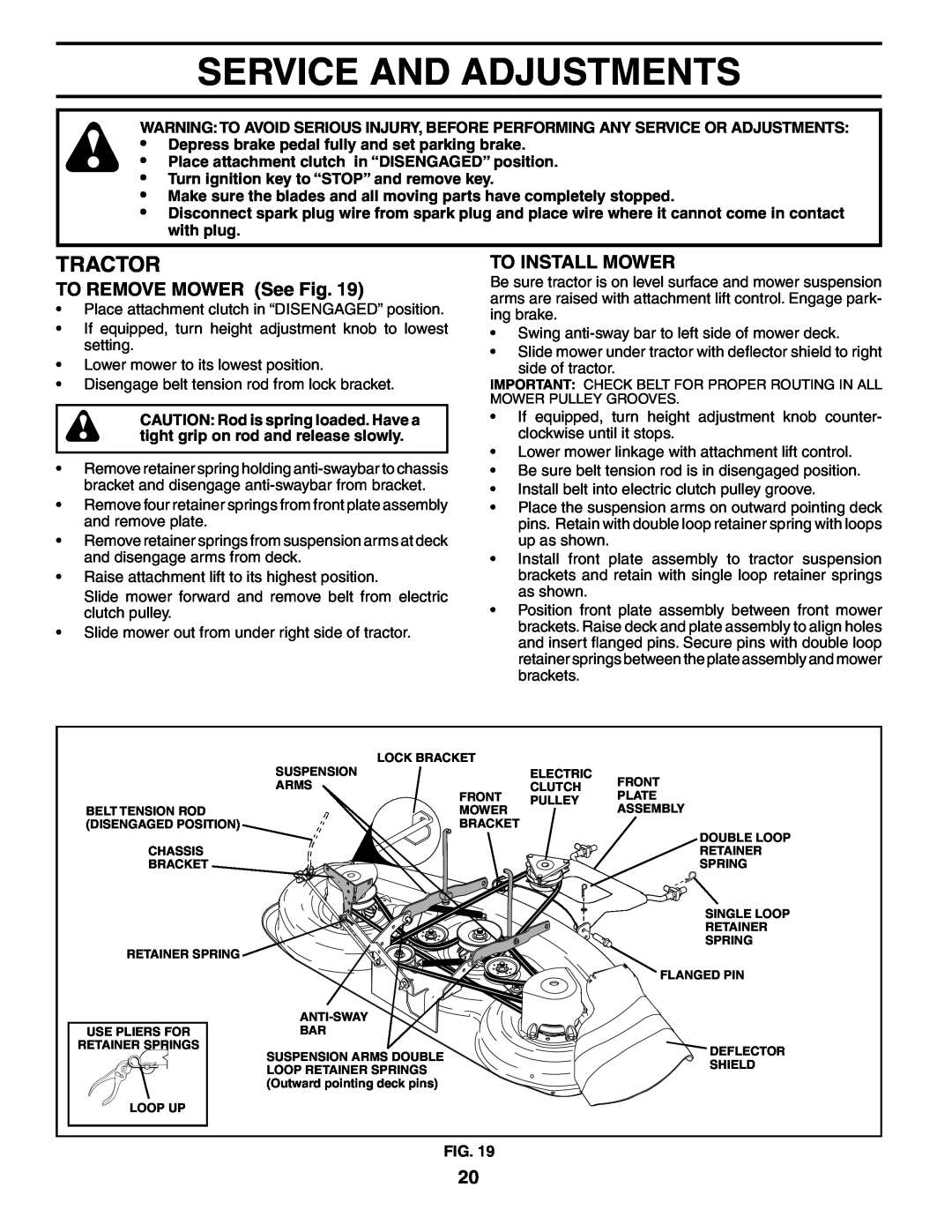 Poulan PDGT26H48B owner manual Service And Adjustments, TO REMOVE MOWER See Fig, To Install Mower, Tractor 