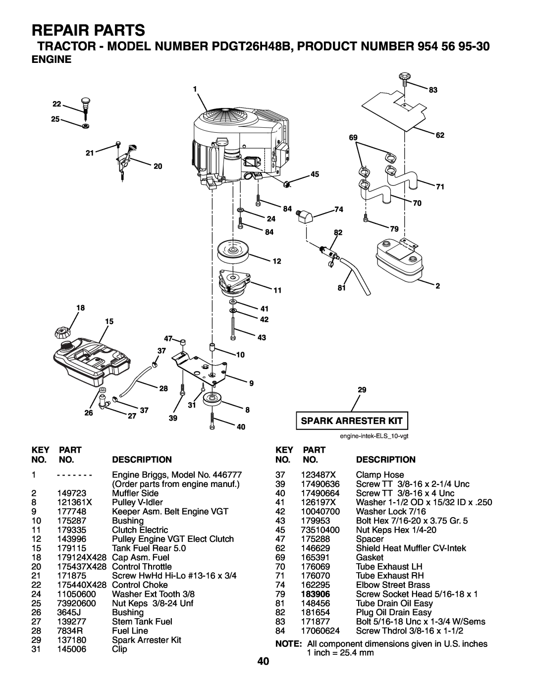 Poulan owner manual Engine, Repair Parts, TRACTOR - MODEL NUMBER PDGT26H48B, PRODUCT NUMBER, Spark Arrester Kit 