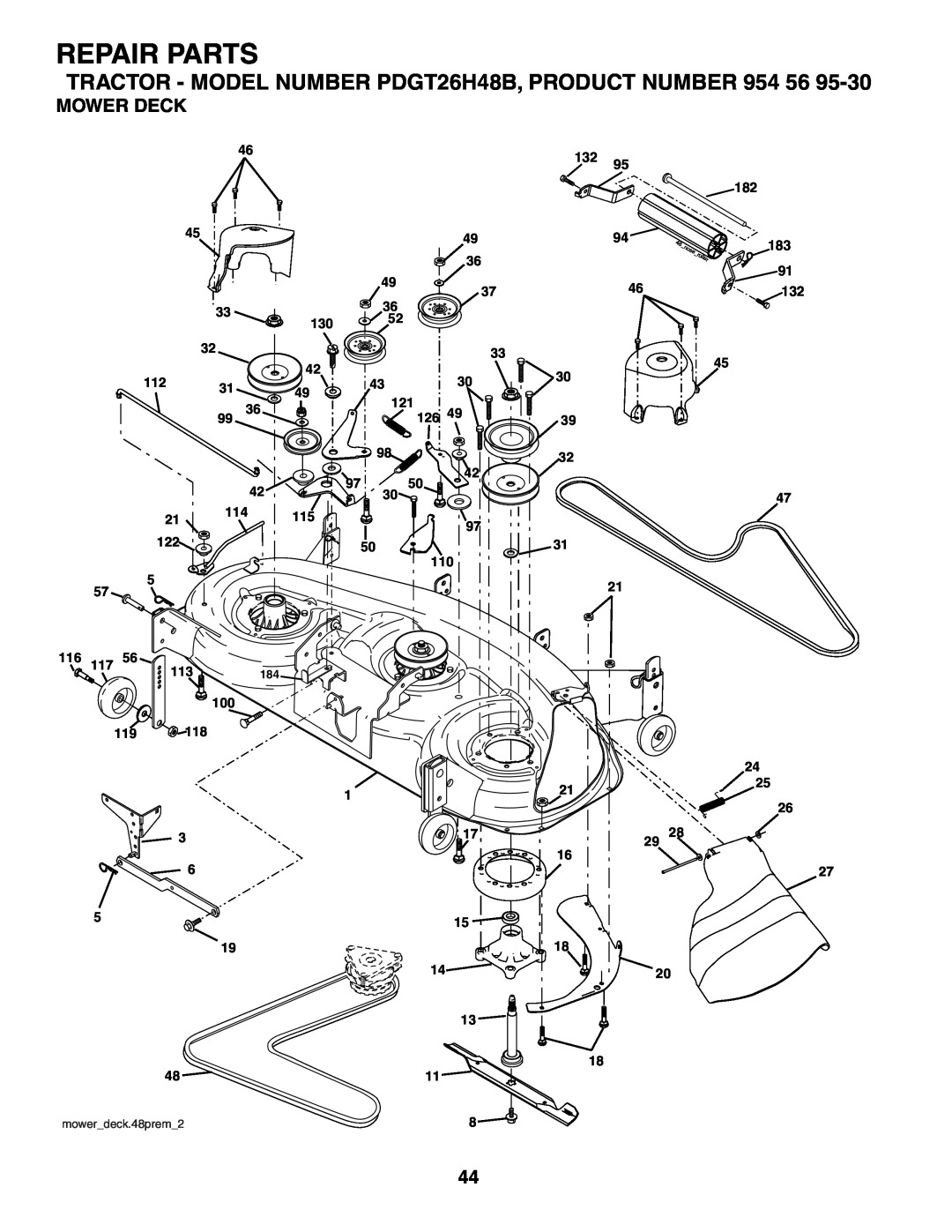 Poulan owner manual Mower Deck, Repair Parts, TRACTOR - MODEL NUMBER PDGT26H48B, PRODUCT NUMBER, mowerdeck.48prem2 