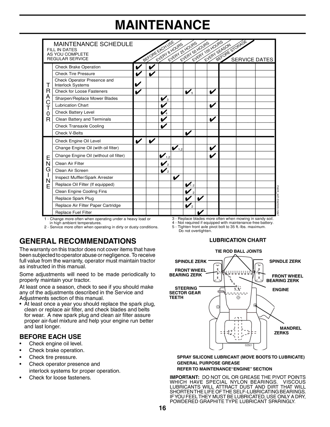 Poulan PDGT26H48C owner manual Maintenance, General Recommendations, Before Each USE 