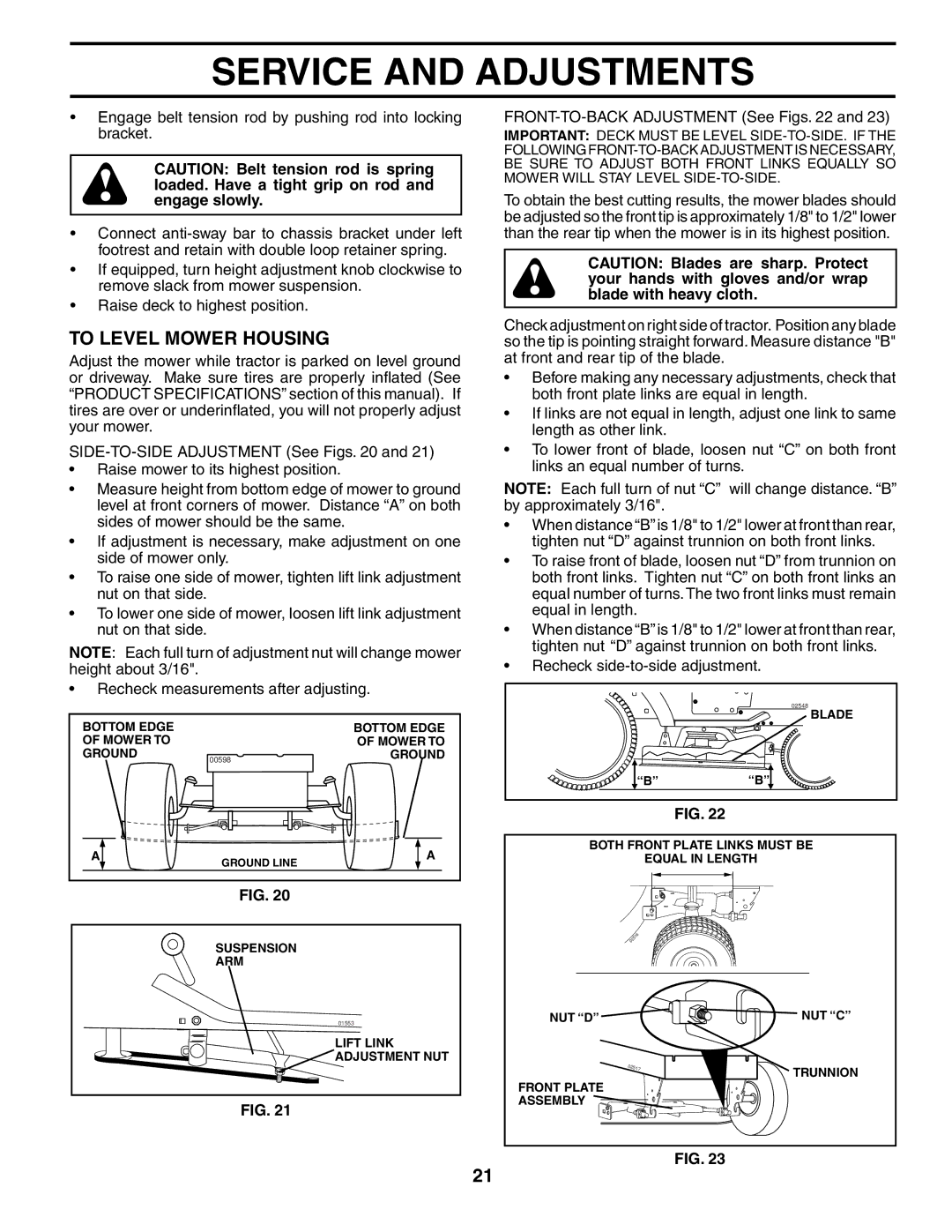 Poulan PDGT26H48C owner manual To Level Mower Housing, FRONT-TO-BACK Adjustment See Figs 