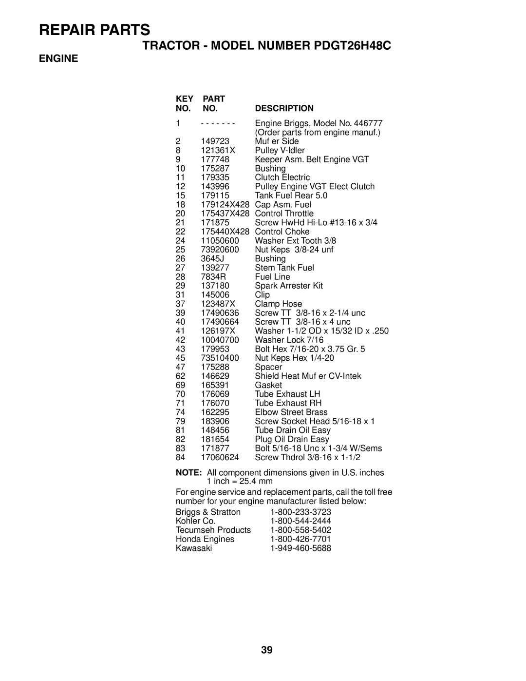 Poulan PDGT26H48C owner manual KEY Part NO. NO. Description 