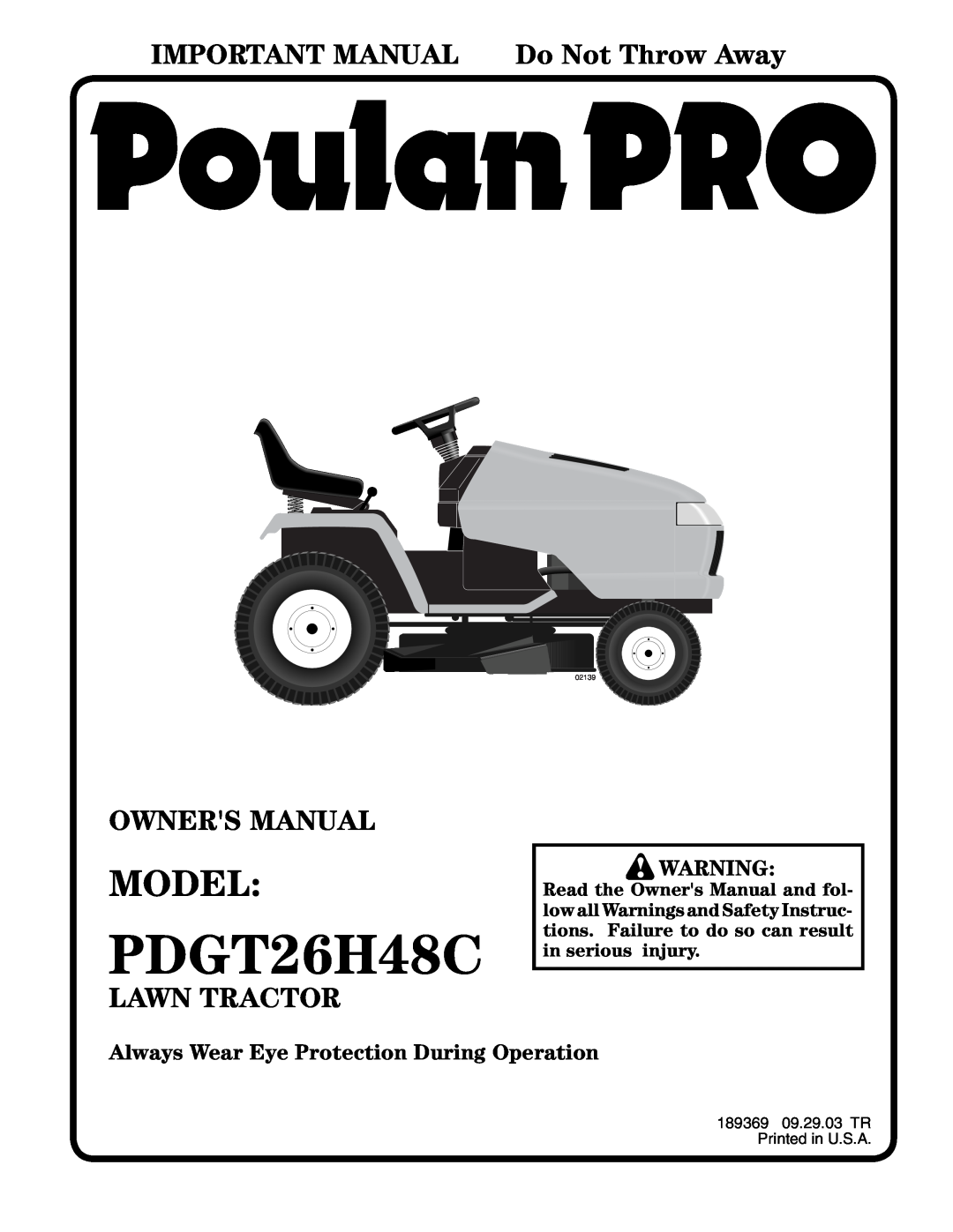 Poulan PDGT26H48C owner manual Model, IMPORTANT MANUAL Do Not Throw Away, Lawn Tractor, 02139 