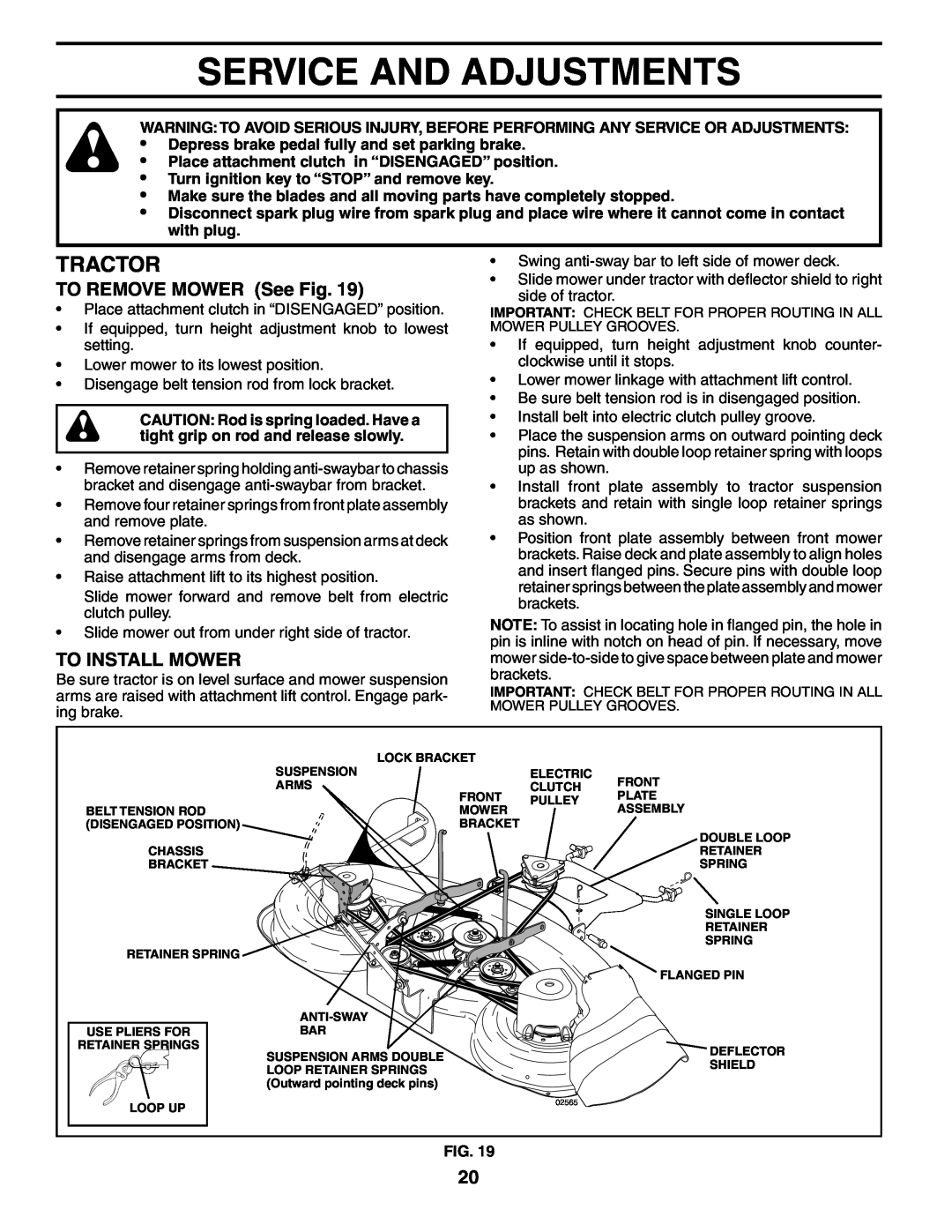Poulan PDGT26H48C owner manual Service And Adjustments, TO REMOVE MOWER See Fig, To Install Mower, Tractor 