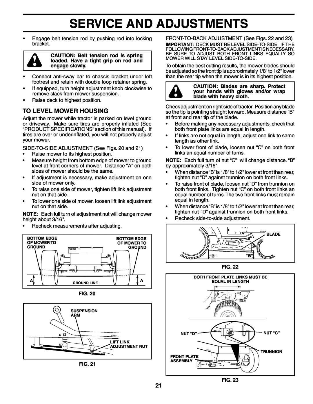 Poulan PDGT26H48C owner manual To Level Mower Housing, Service And Adjustments, Ground Line 