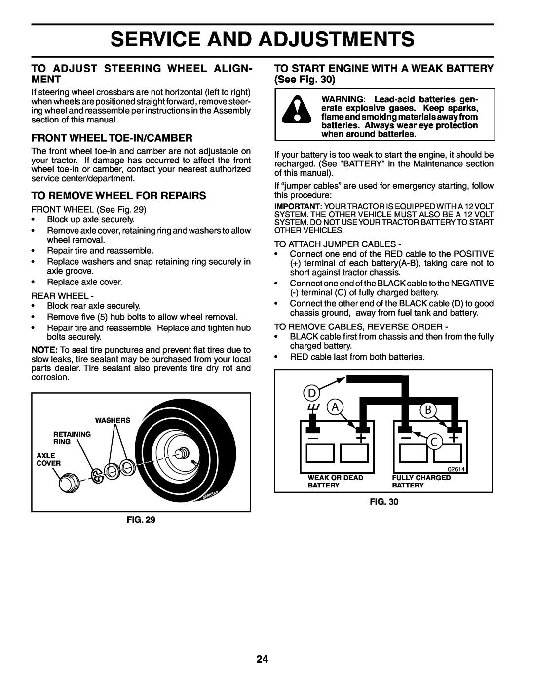 Poulan PDGT26H48C owner manual To Adjust Steering Wheel Align- Ment, Front Wheel Toe-In/Camber, To Remove Wheel For Repairs 