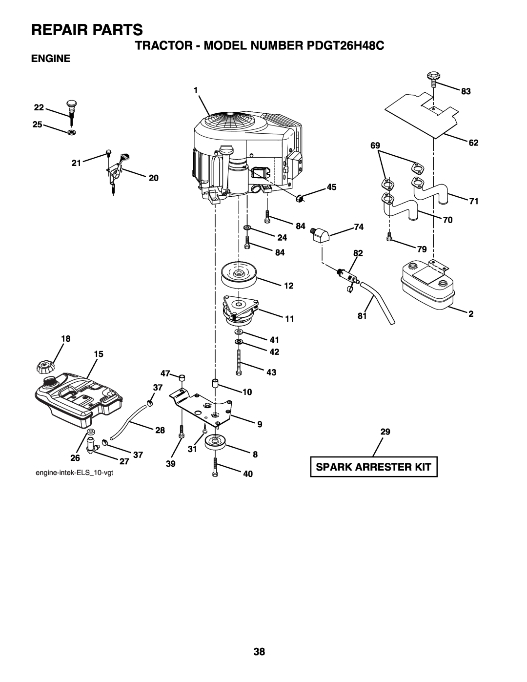 Poulan owner manual Engine, Repair Parts, TRACTOR - MODEL NUMBER PDGT26H48C, Spark Arrester Kit, 6962 