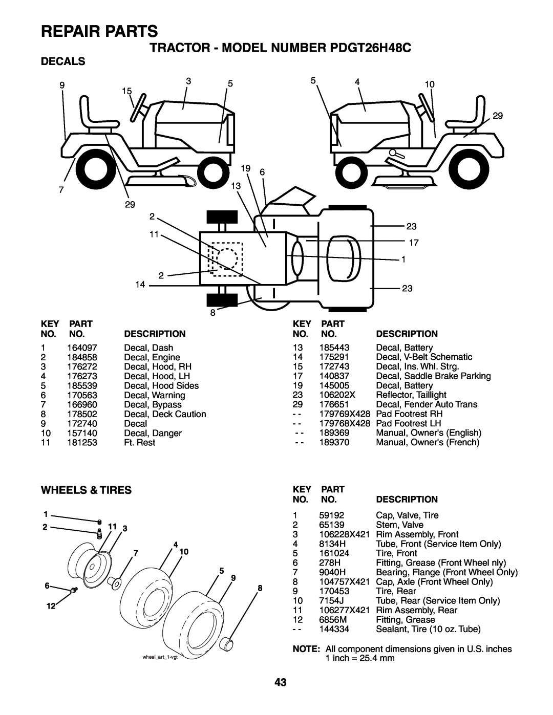 Poulan owner manual Decals, Wheels & Tires, Repair Parts, TRACTOR - MODEL NUMBER PDGT26H48C, wheelart1-vgt 