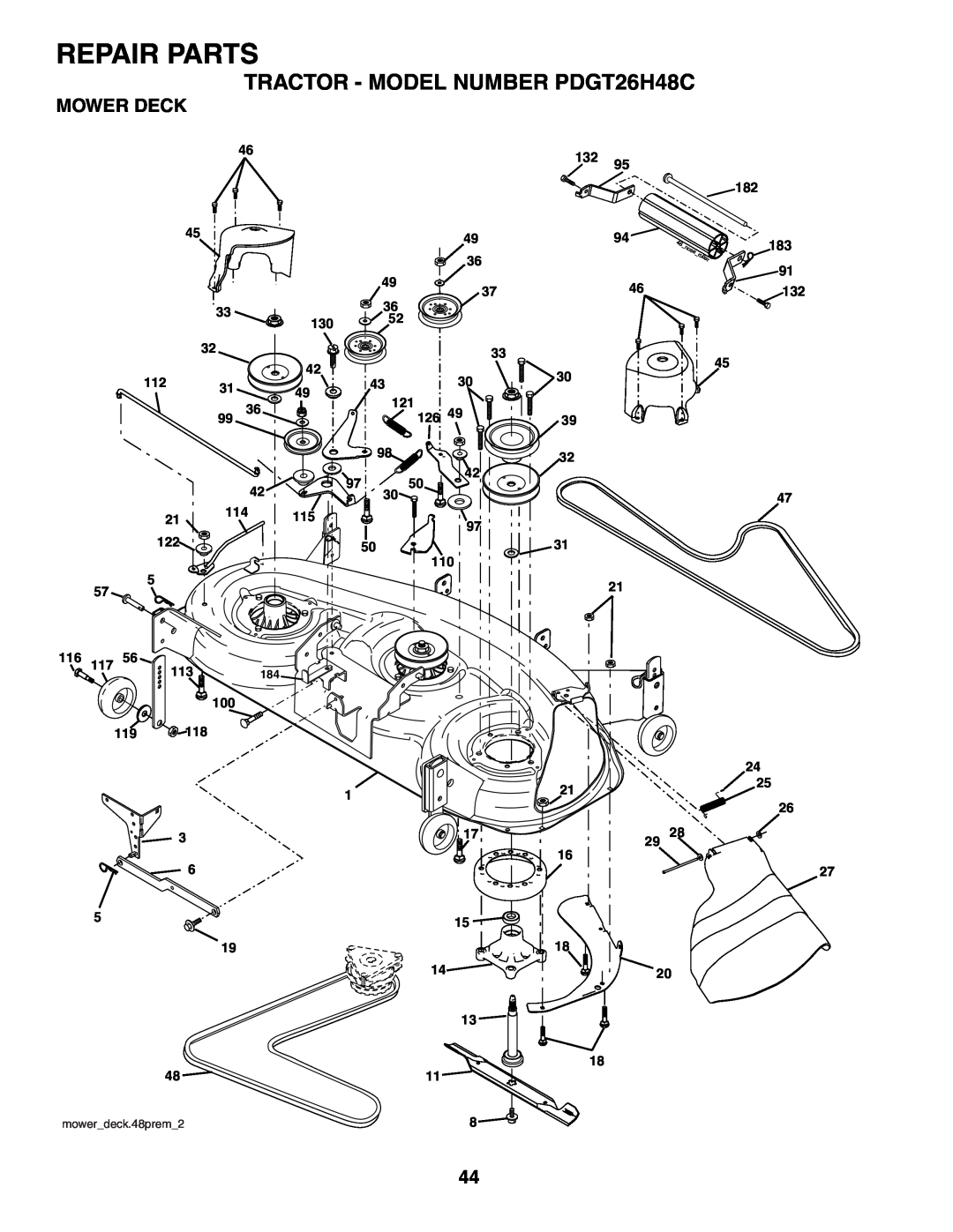 Poulan owner manual Mower Deck, Repair Parts, TRACTOR - MODEL NUMBER PDGT26H48C, mowerdeck.48prem2 