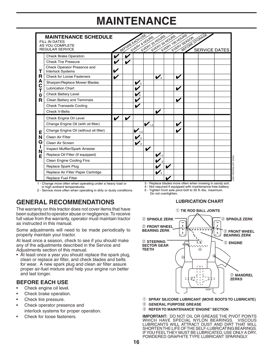 Poulan PDGT26H54A owner manual Maintenance, General Recommendations, Before Each USE 