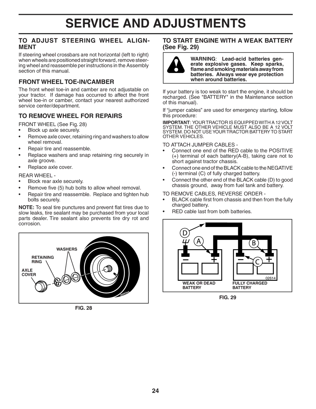 Poulan PDGT26H54A owner manual To Adjust Steering Wheel ALIGN- Ment, Front Wheel TOE-IN/CAMBER, To Remove Wheel for Repairs 