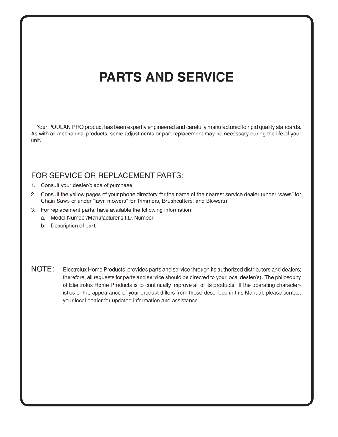 Poulan PDGT26H54A owner manual Parts and Service, For Service or Replacement Parts 