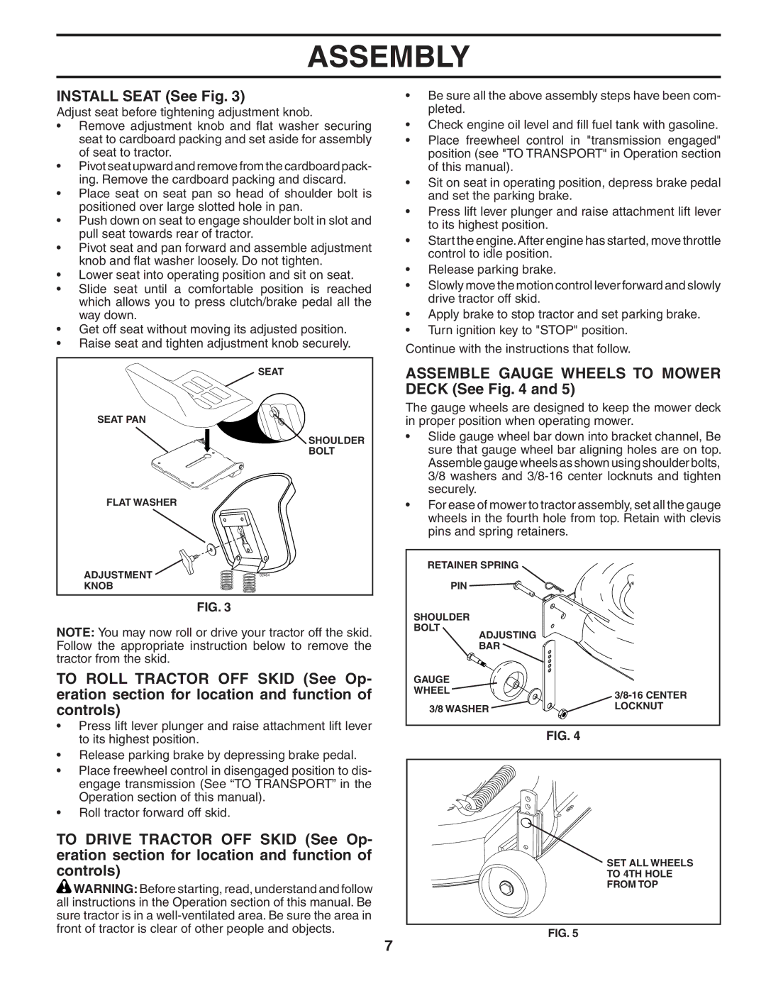 Poulan PDGT26H54A owner manual Install Seat See Fig, Assemble Gauge Wheels to Mower Deck See 