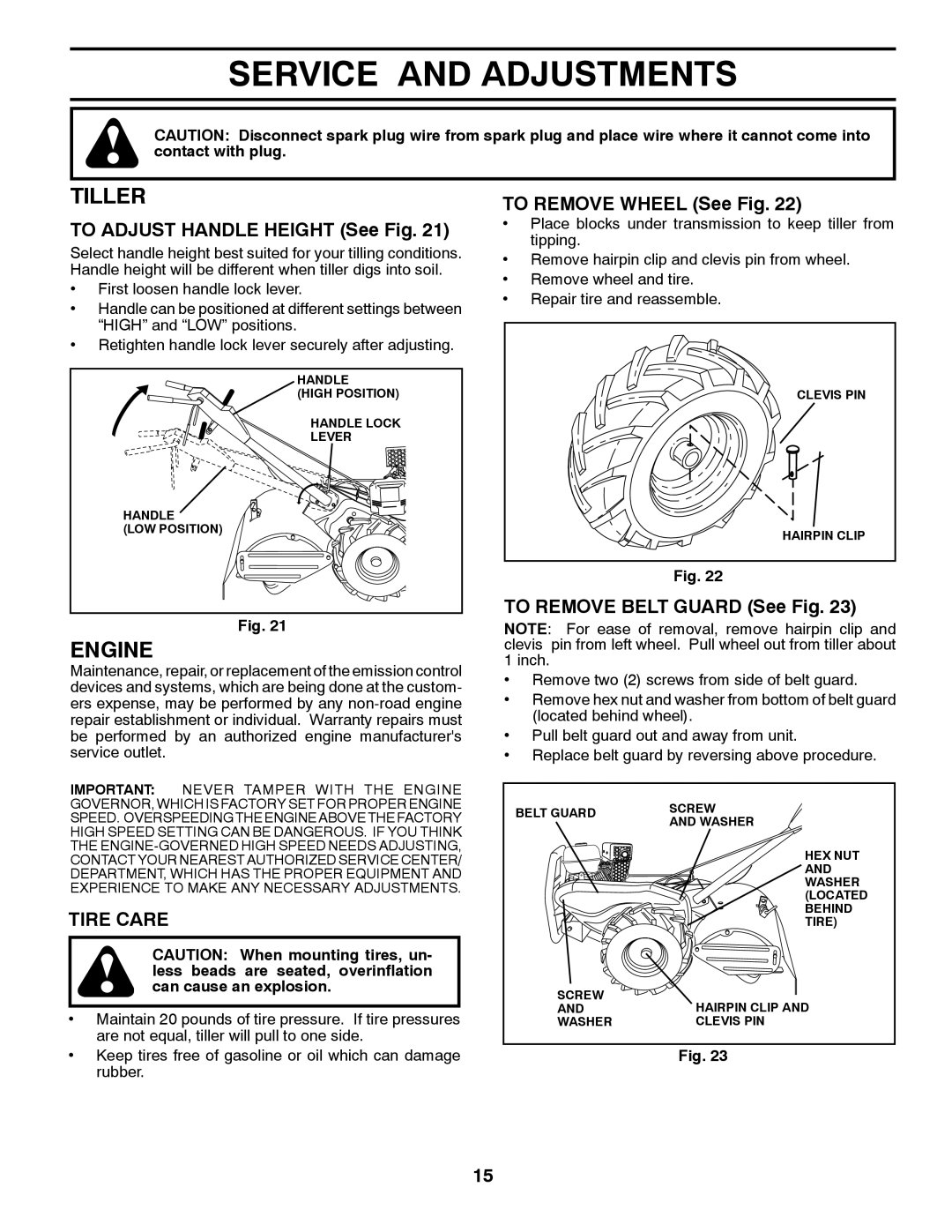 Poulan PDRT900 manual Service and Adjustments, Tiller, Tire Care 