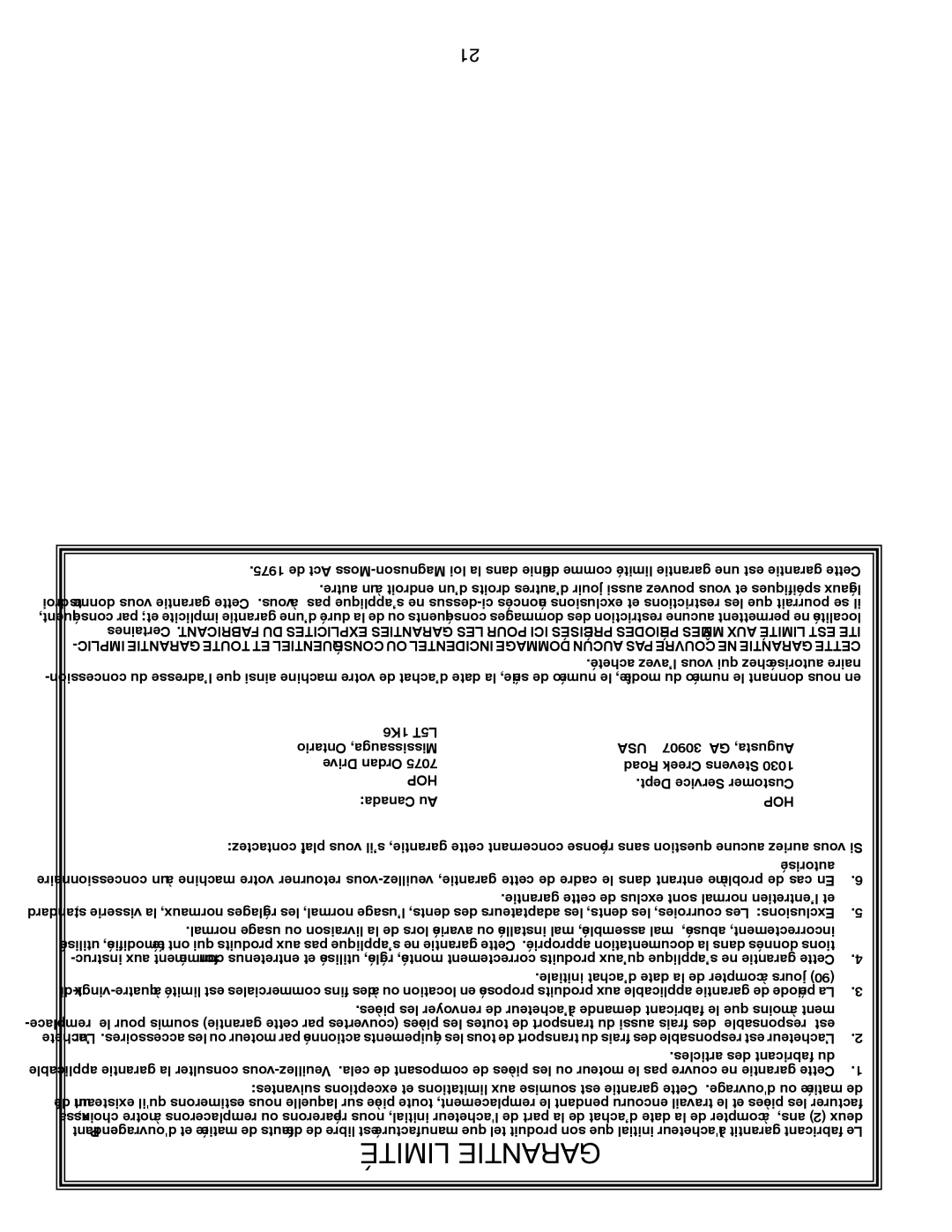 Poulan PDRT900 Dept Service Customer Canada Au, Initiale d’achat date la de compter à jours, Articles des fabricant du 