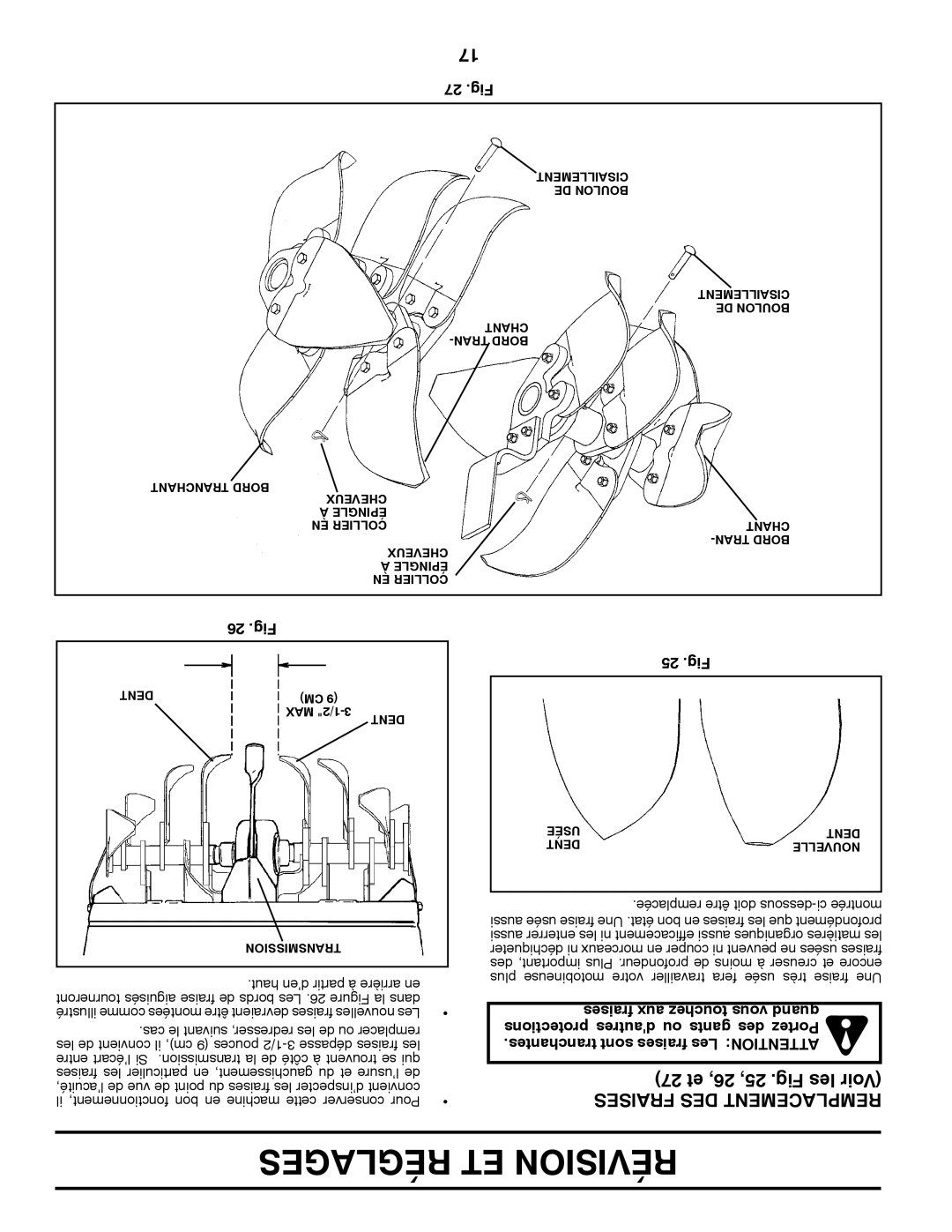 Poulan PDRT900 manual Réglages ET Révision, 27 et 26, 25, .Fig les Voir, Fraises DES Remplacement 