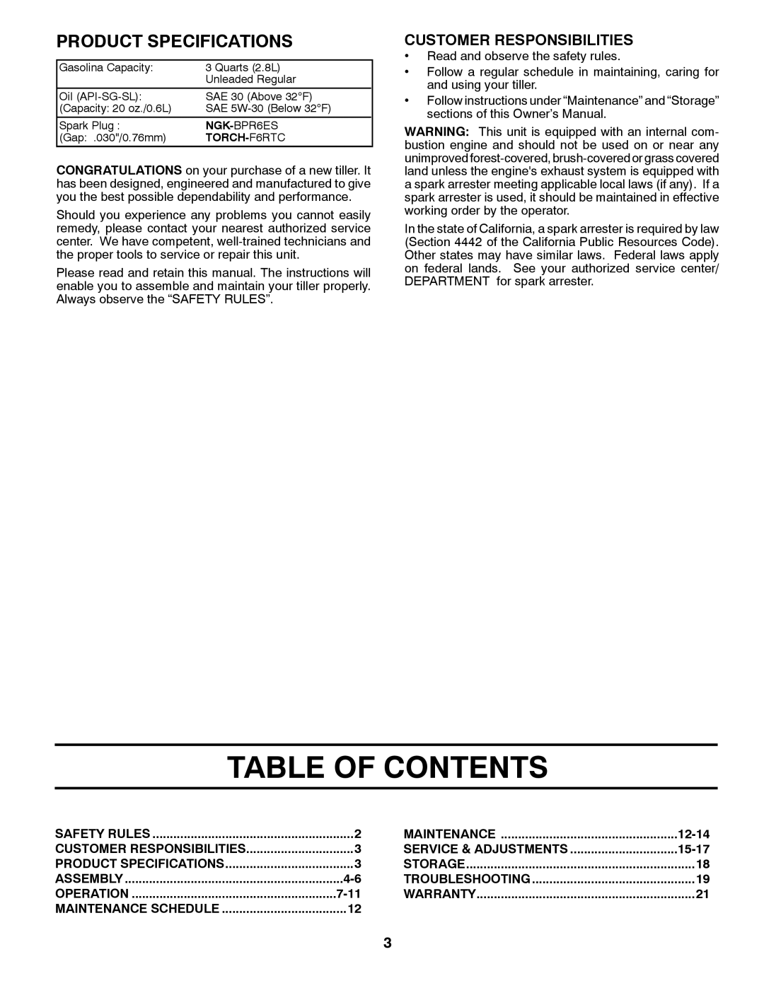 Poulan PDRT900 manual Table of Contents 