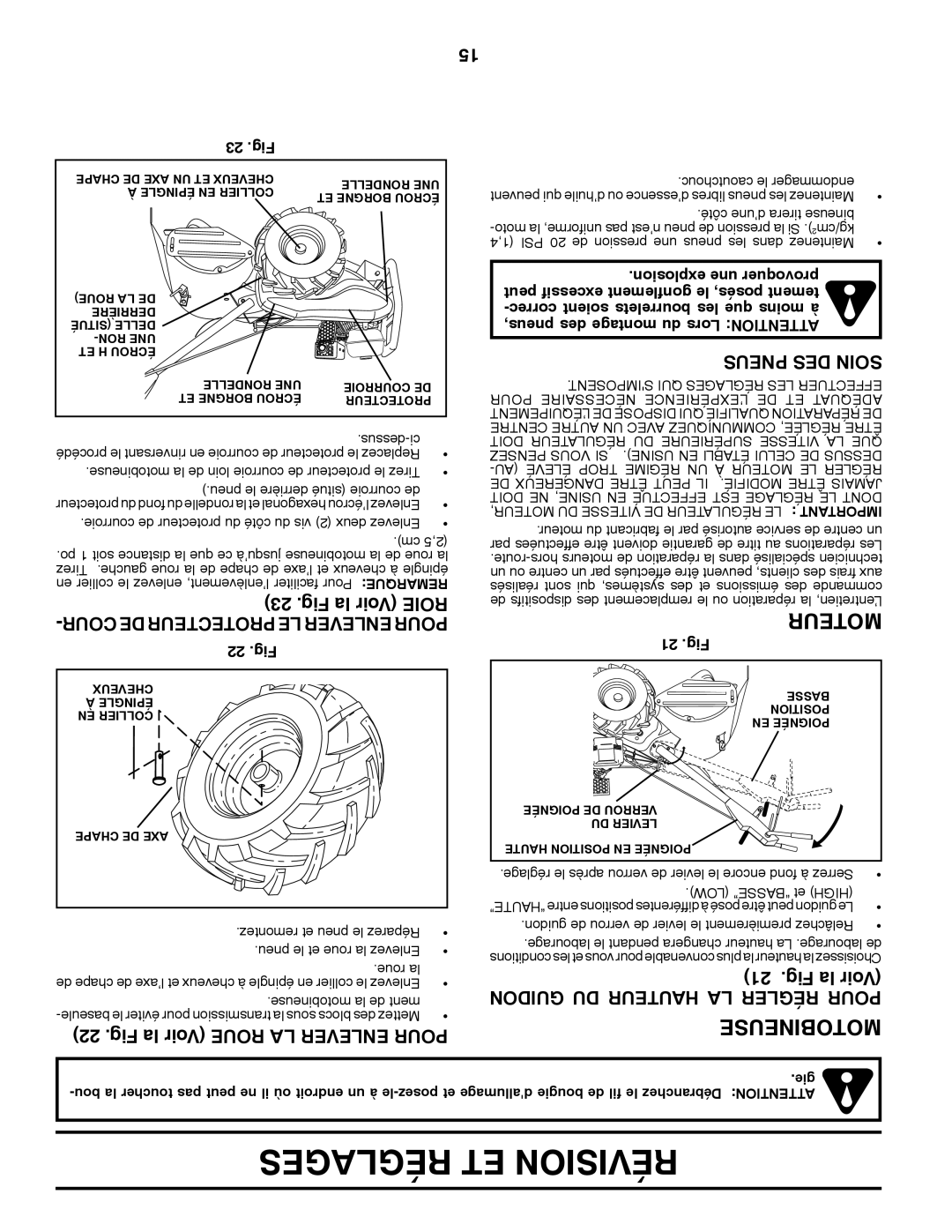 Poulan PDRT900 manual Fig la Voir Roie, Fig la Voir Roue LA Enlever Pour, Pneus DES Soin, Guidon DU Hauteur LA Régler Pour 