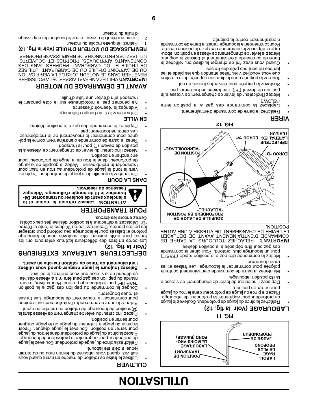 Poulan PDRT900 manual Extérieurs Latéraux Déflecteurs, Fig la Voir Labourage 